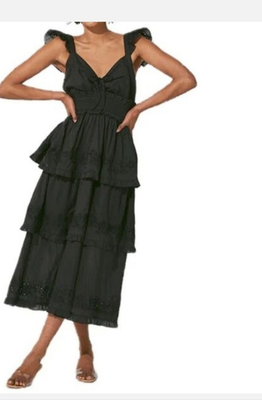 NWT Cleobella Black Elaina Organic Cotton Tiered Eyelet Midi Dress Size Medium